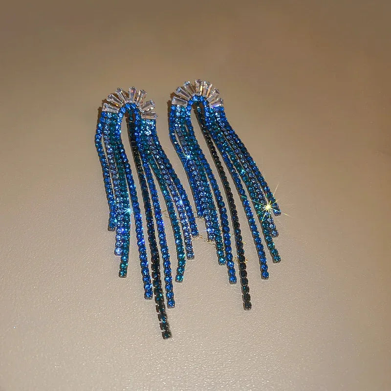 925 Silver U-shaped Zircon Rhinestone Tassel Earrings - Viexta