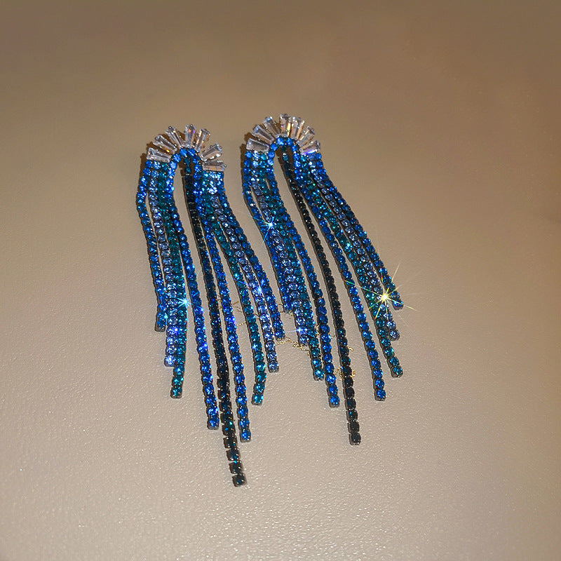 925 Silver U-shaped Zircon Rhinestone Tassel Earrings