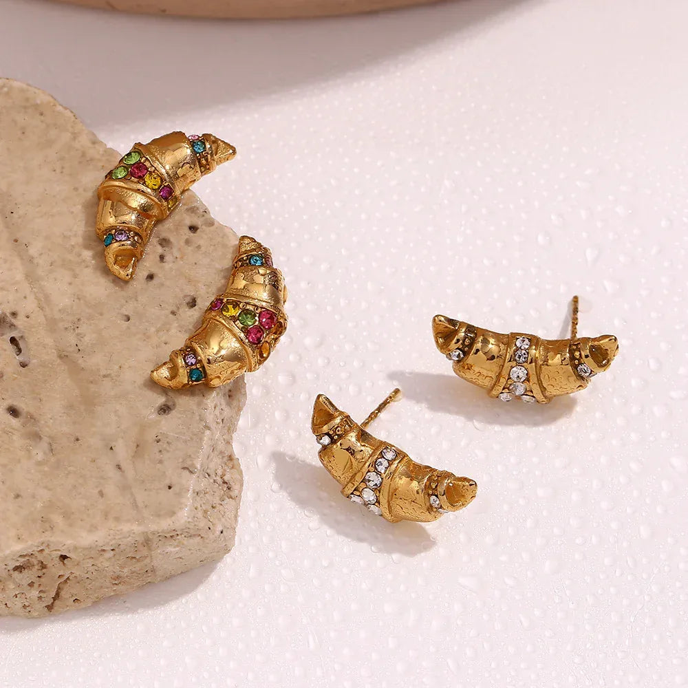 Stainless Steel Horn Shaped Rhinestone Studs - Viexta