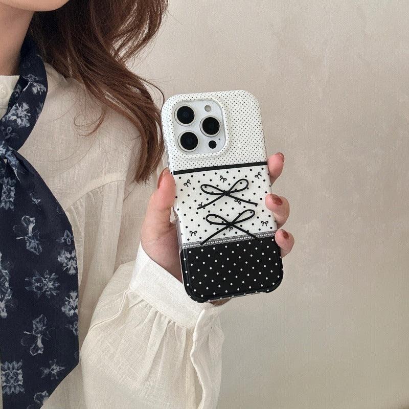 Black And White Polka Dot Stitching Stereo Bow iPhone Case - Viexta