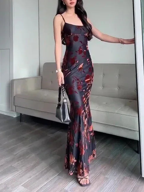 Flocked Strappy Maxi Dress - Viexta