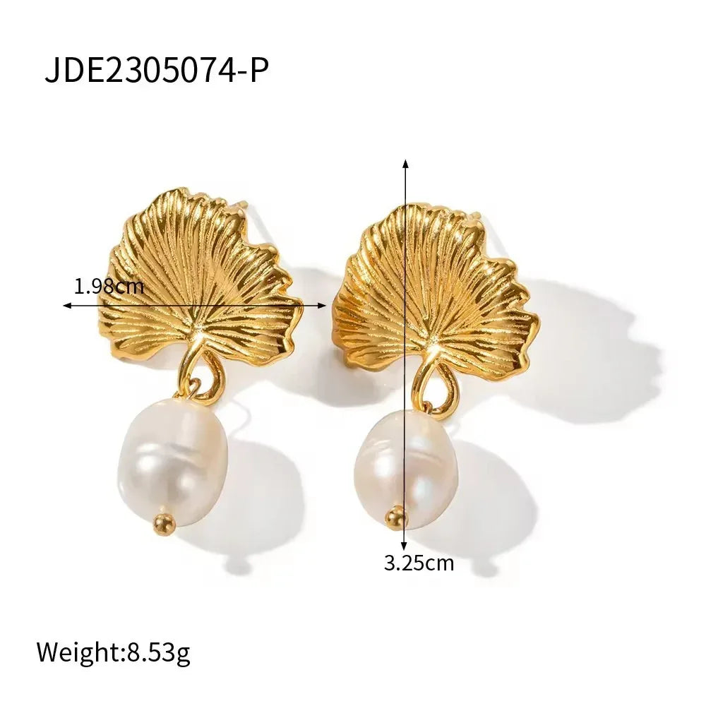 18k Gold Stainless Steel Pearl Ginkgo Pendant Earrings - Viexta
