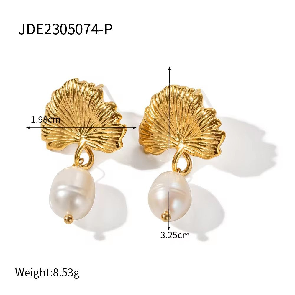 18k Gold Stainless Steel Pearl Ginkgo Pendant Earrings