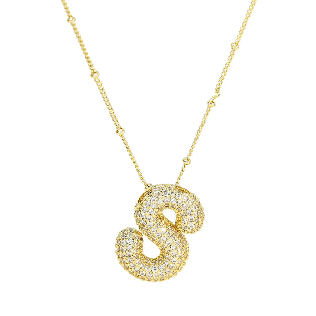 brass-zircon-bubble-letter-pendant-necklace - Viexta