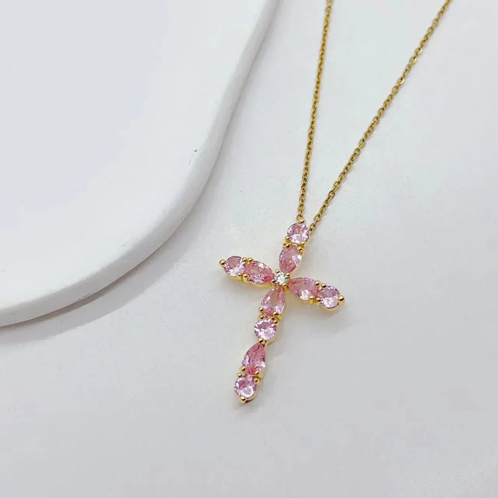 micro-inlay-colorful-zircon-water-drops-cross-necklace - Viexta