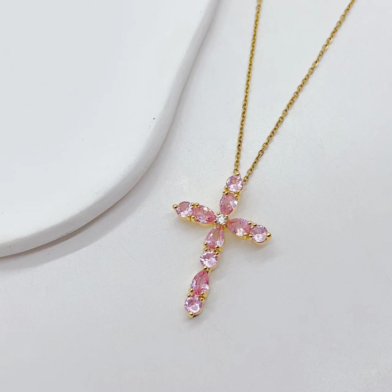 Micro Inlay Colorful Zircon Water Drops Cross Necklace