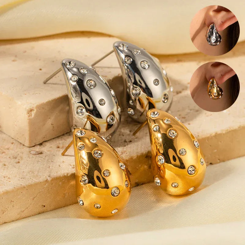 18K Gold-plated Stainless Steel Inlaid Zircon Chubby Stud Earrings INS - Viexta