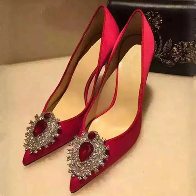 Rhinestone Pointed Satin Heels - Viexta