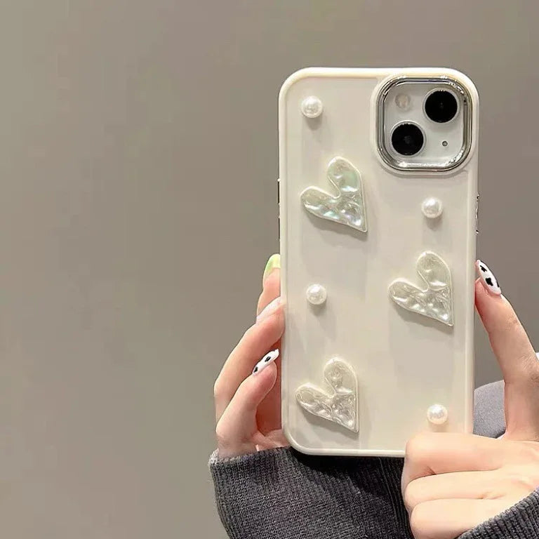 Milky White Pearl Pleated Heart Shell iPhone Case - Viexta