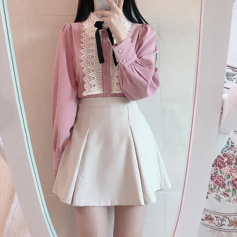 Lace Bow Elegant Long Sleeve Blouse Women - Viexta