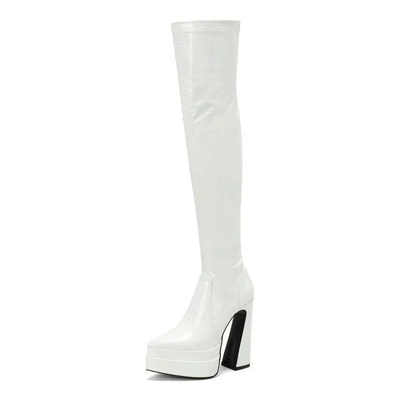 Bright Faced Thick Heeled Patent Leather Knee Boots - Viexta