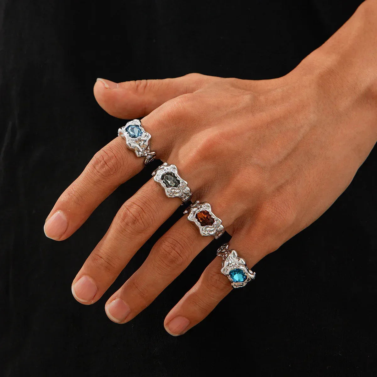Pleated Lava Metal Gemstone Ring For Men - Viexta