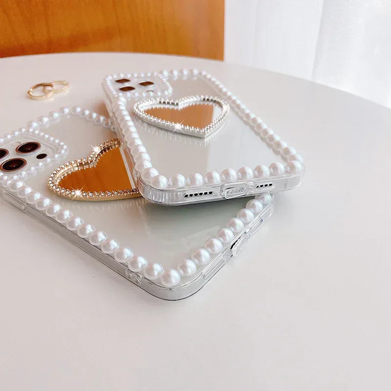 Acrylic Pearl Heart Mirror Rhinestone iPhone Case - Viexta