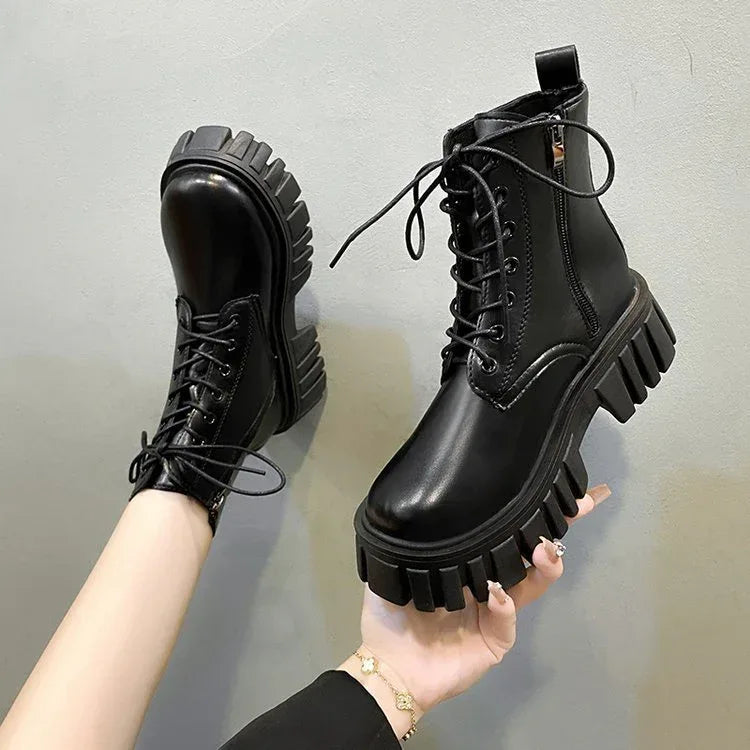 Women's Platform Lace-up Side Zip Boots - Viexta