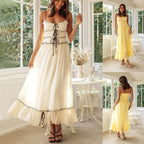 Spaghetti Strap Long Dresses With Bow Pleat - Viexta