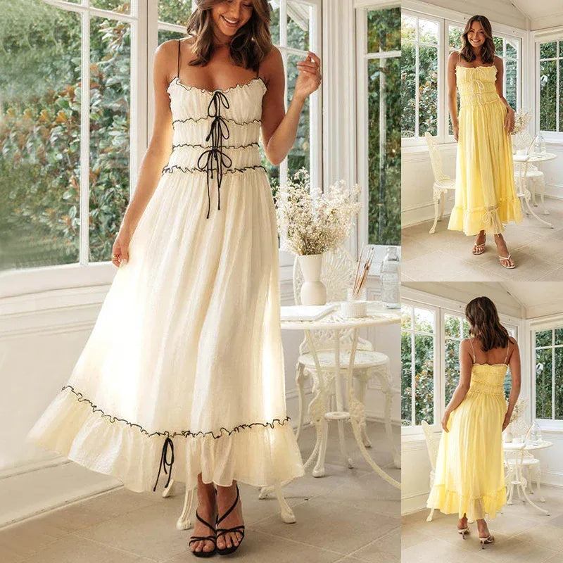 Spaghetti Strap Long Dresses With Bow Pleat - Viexta