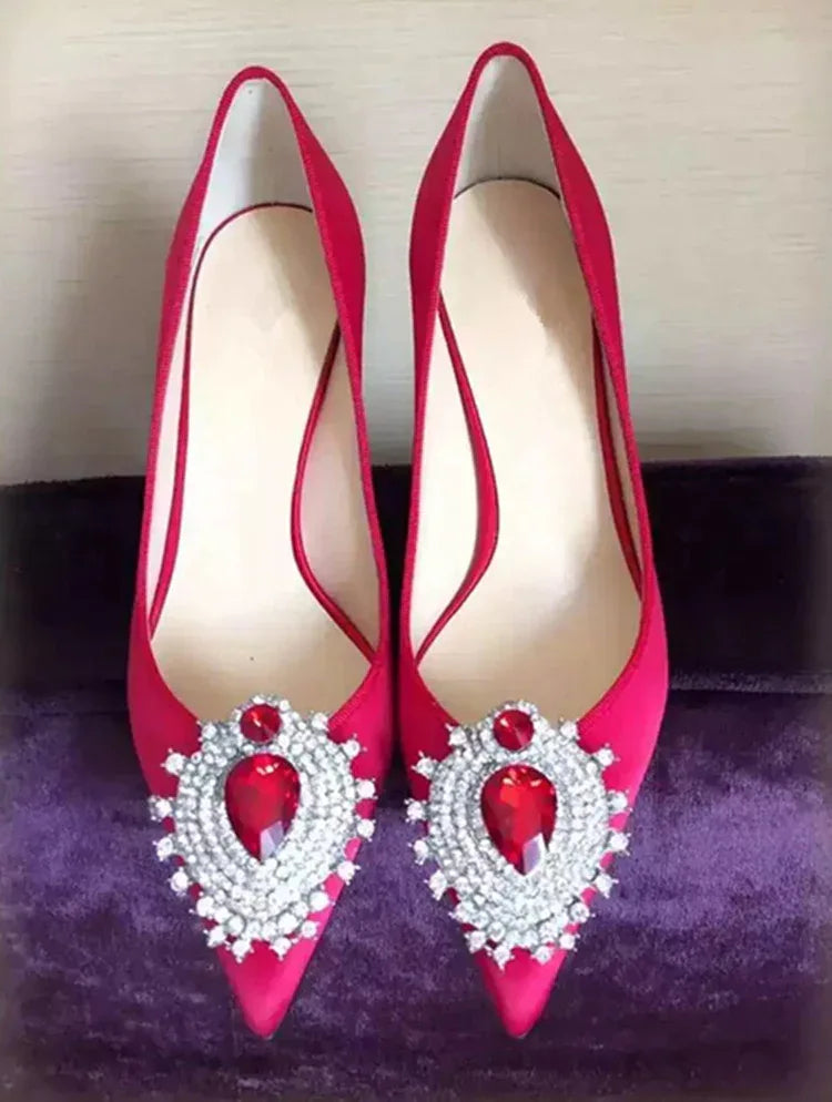 Rhinestone Pointed Satin Heels - Viexta