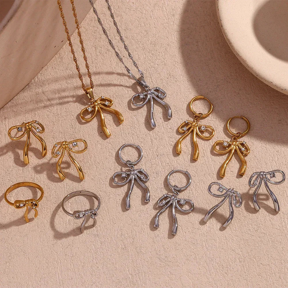 Stainless Steel 18K Gold Plating Rhinestone Bow Pendant Earring Ring - Viexta