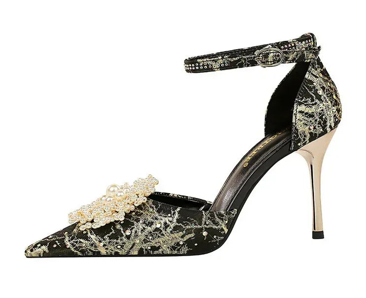 Low-cut Hollow Rhinestone Pearl High Heels - Viexta