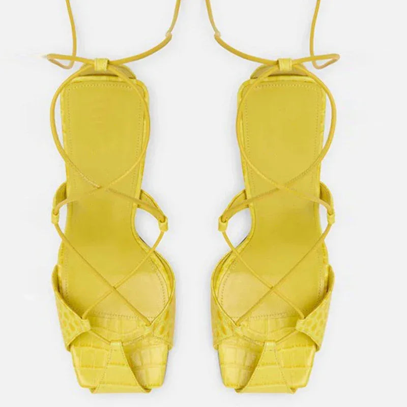 Square Toe Cross Lace-up Cutout Heels - Viexta