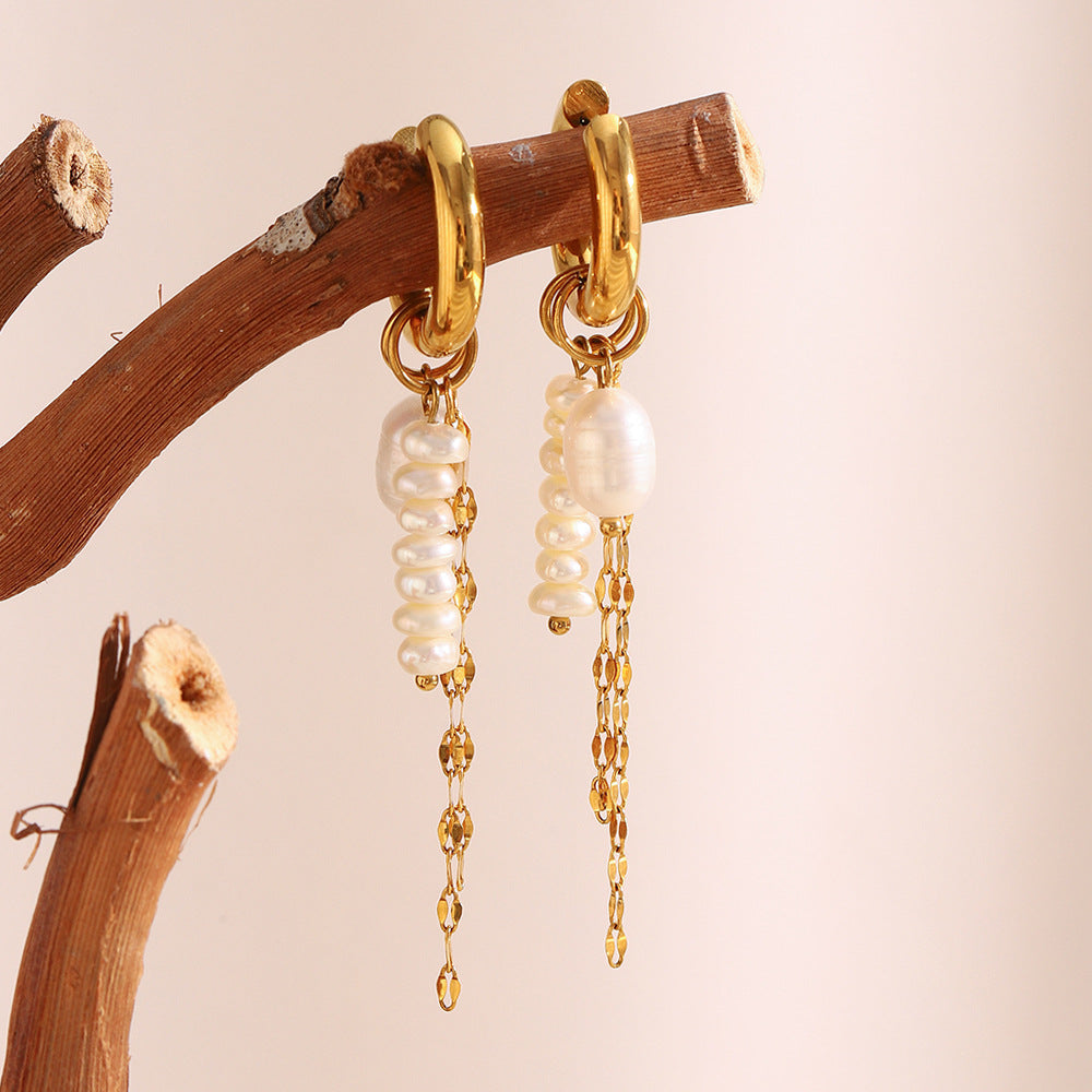 Stainless Steel Plated 18K Dold Pearl Chain Tassel Earrings