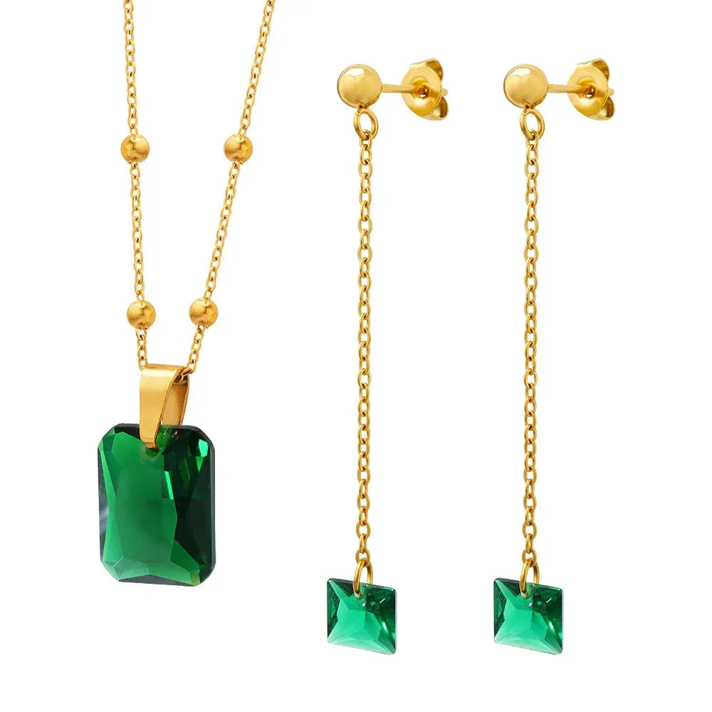 emerald-zircon-pendant-necklace-earring-jewelry-set - Viexta