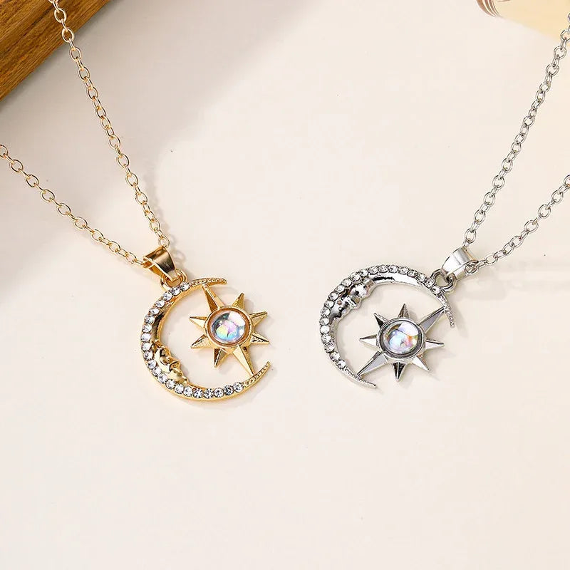 Stainless Steel Moon Star Zircon Necklace - Viexta