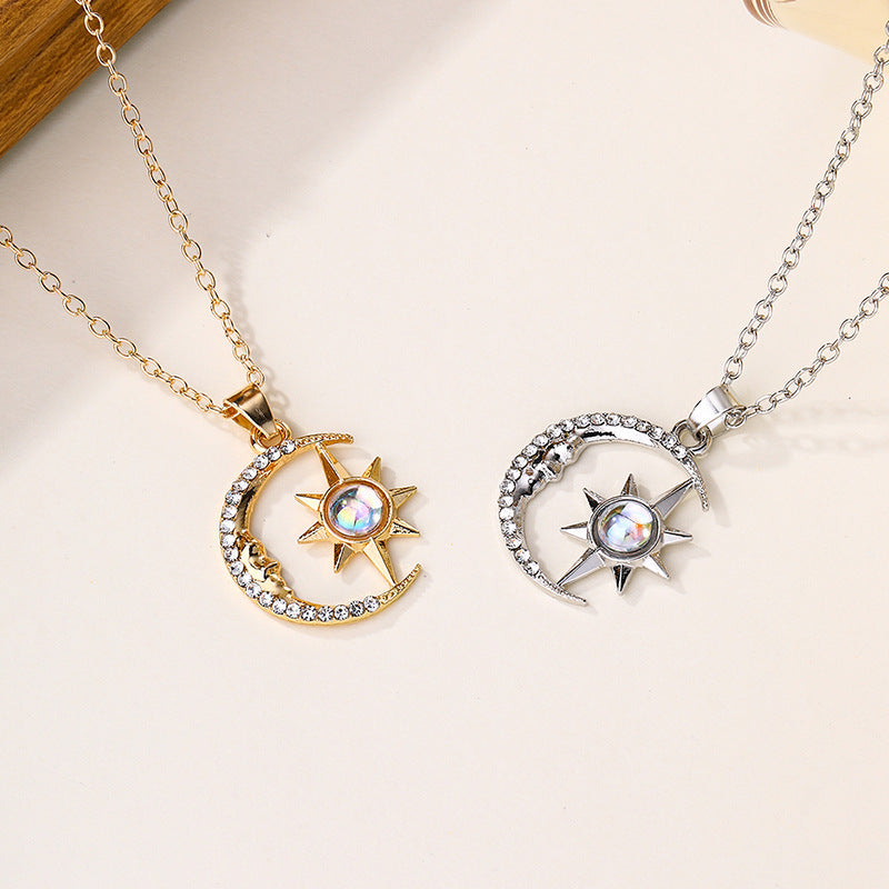 Stainless Steel Moon Star Zircon Necklace