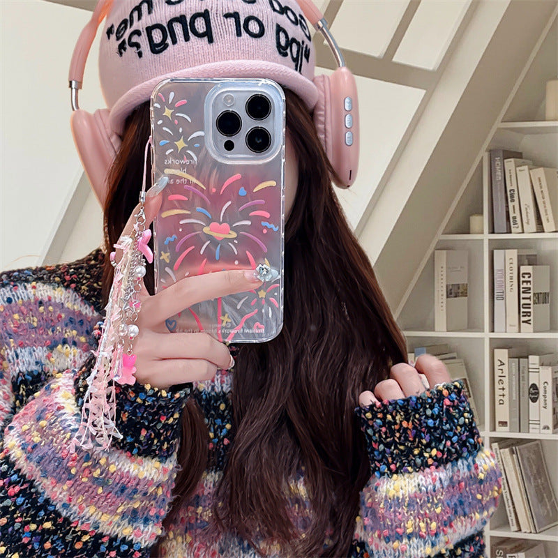 Double-layer Printed Feather Yarn Love Fireworks iPhone Case