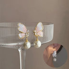 Butterfly Pearl Earrings With Rhinestones - Viexta