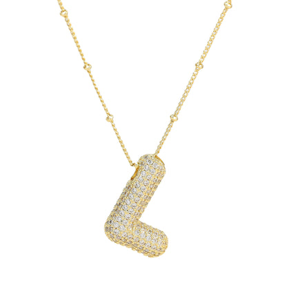 Brass Zircon Bubble Letter Pendant Necklace