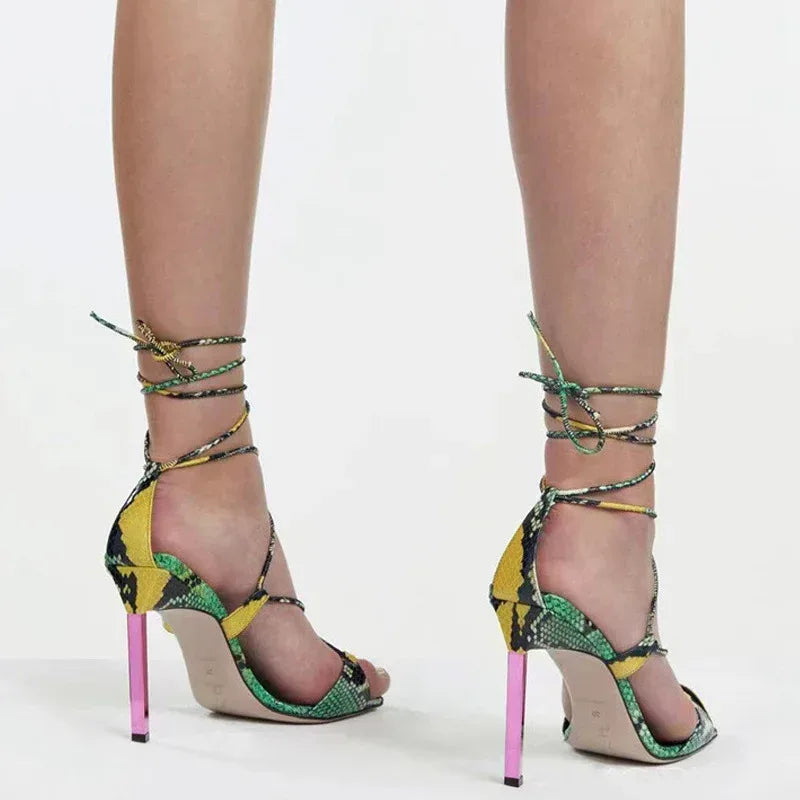 Square Toe Cross Lace-up Cutout Heels - Viexta