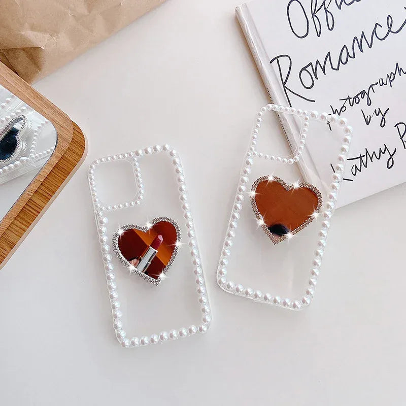 Acrylic Pearl Heart Mirror Rhinestone iPhone Case - Viexta