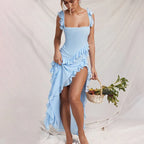 Ruffle Thigh High Split Dress - Viexta