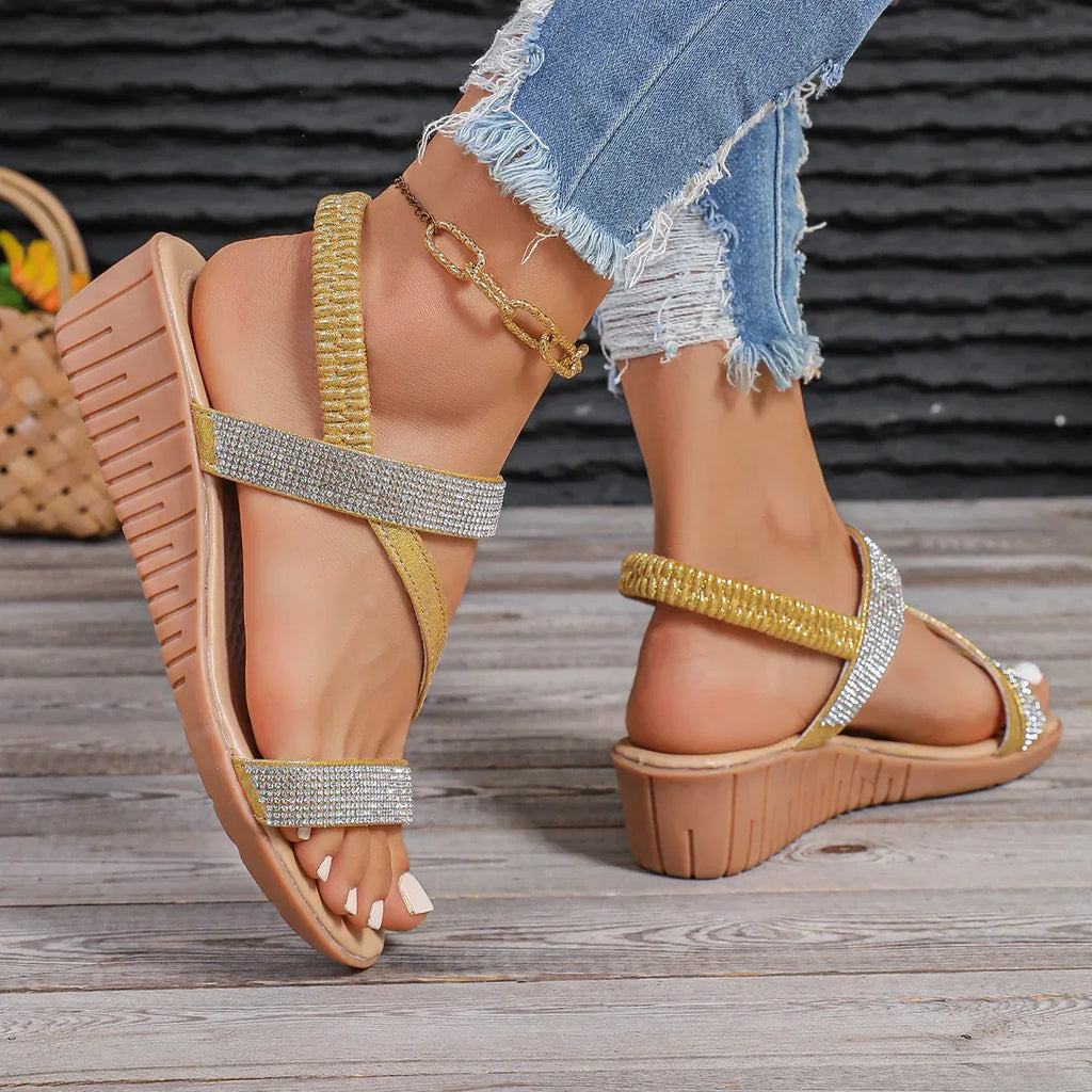 Rhinestone Wedge Bohemian Ethnic Sandals - Viexta