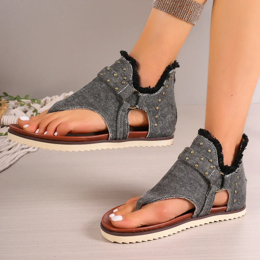 Denim Thong Sandals With Rear Zipper - Viexta