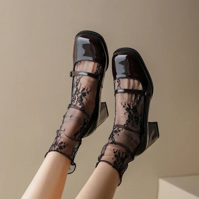 Women's Retro Minority Design Fashion Tie Square Toe High Heels Mary Jane Shoes - Viexta