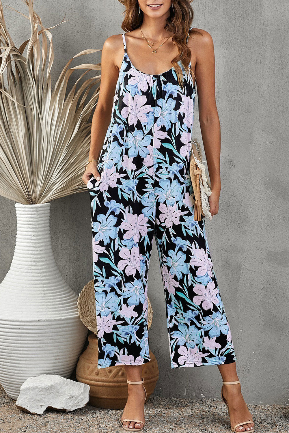 Flowers Print Suspender Jumpsuit