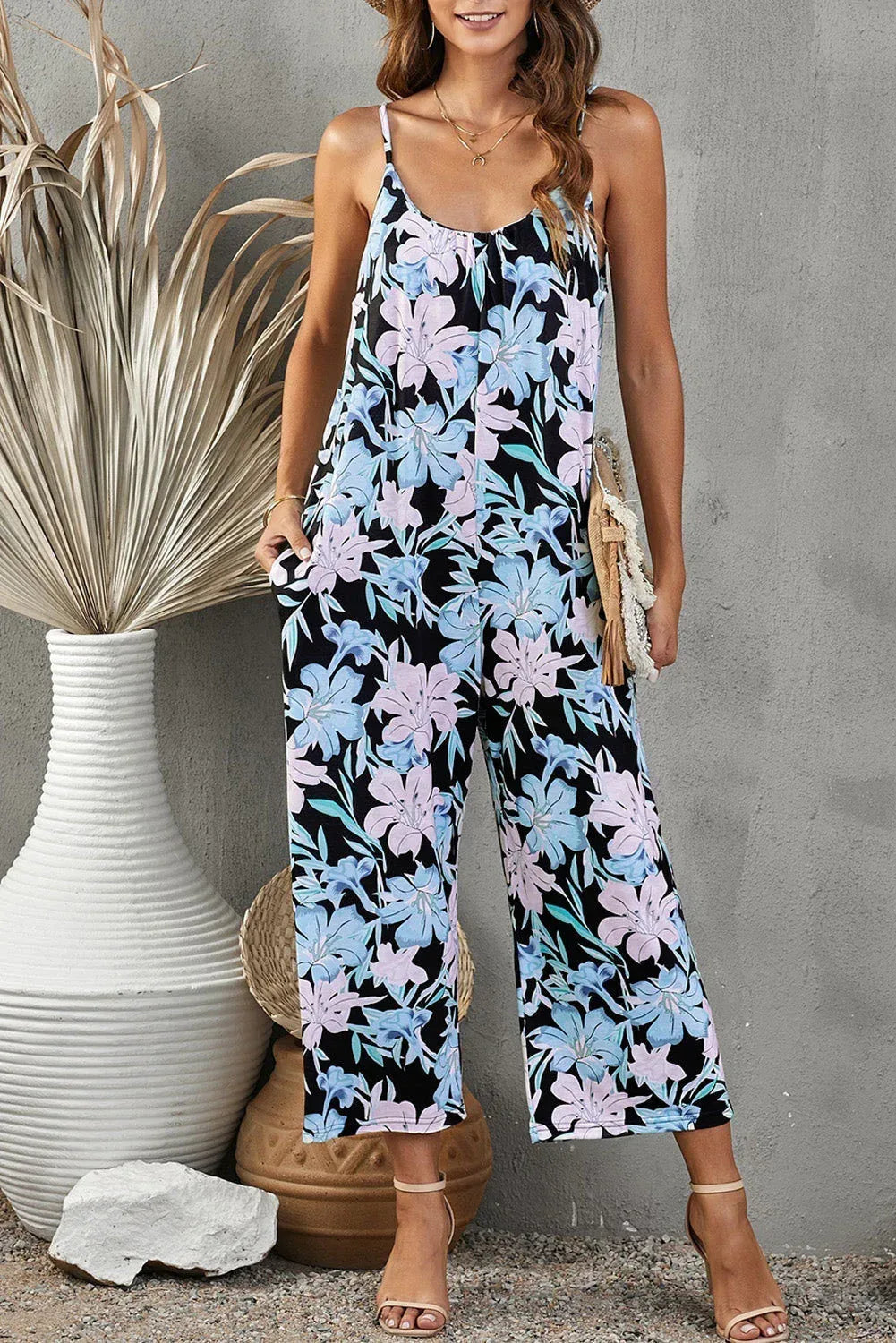 Flowers Print Suspender Jumpsuit - Viexta