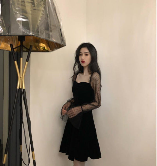 Sleeves A- Line Dress Black Square Collar Dress