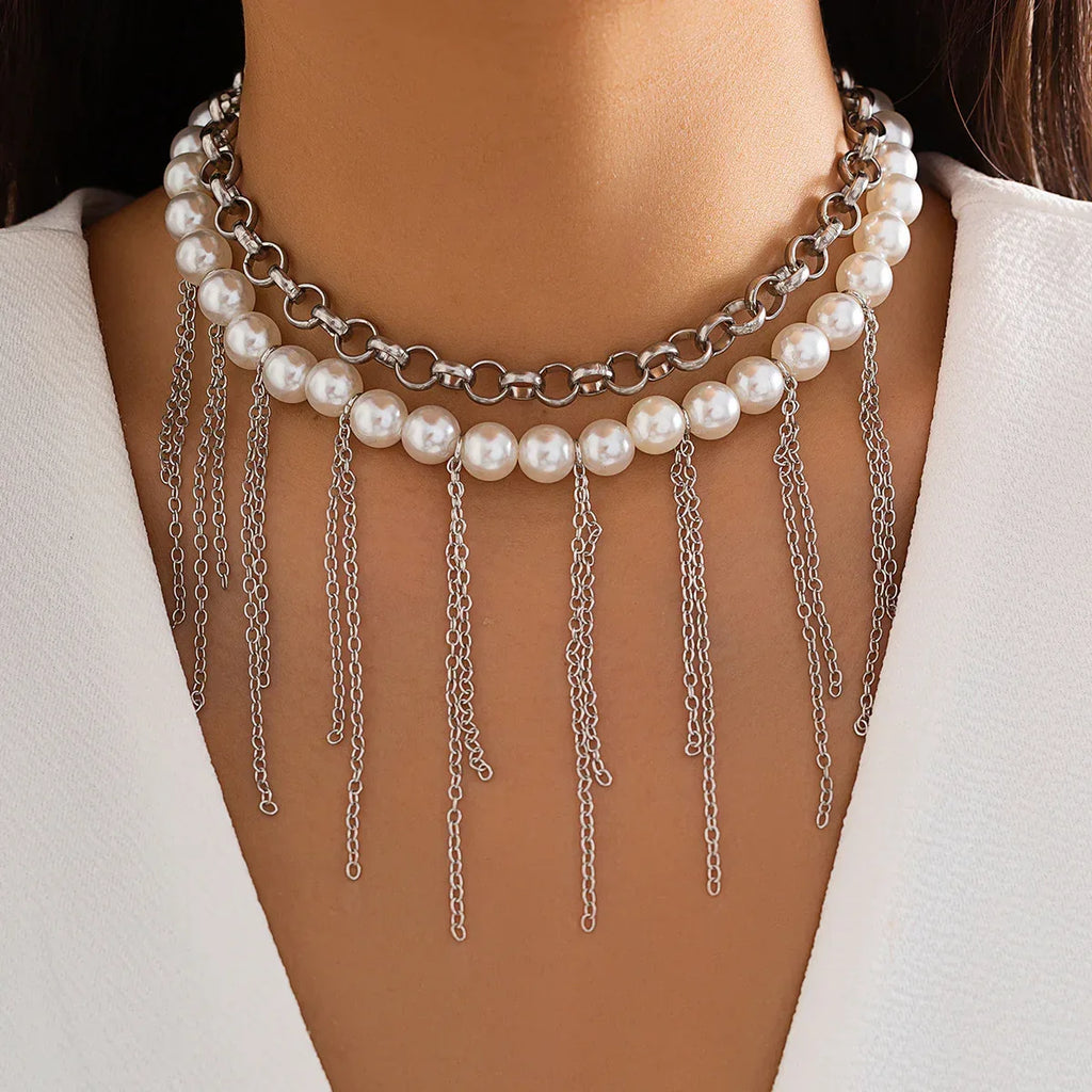 pearl-tassel-double-layer-retro-necklace - Viexta