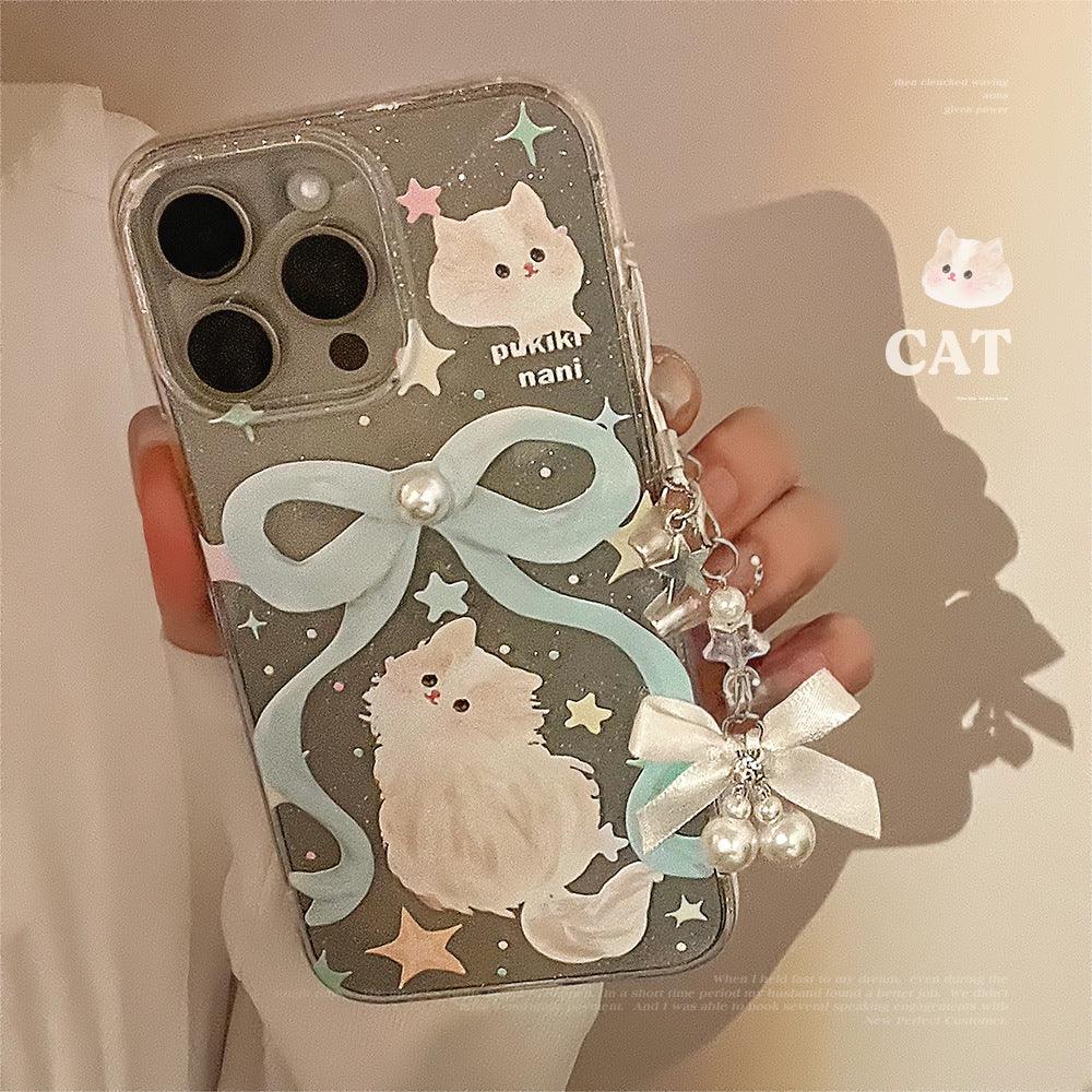 Glitter iPhone Case With Bow And Cat Charm Lanyard