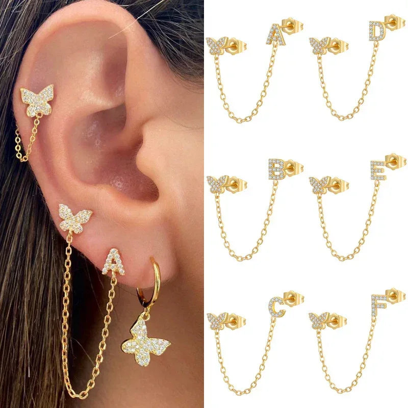 Women's Zircon Butterfly Alphabet One Piece Stud Earrings - Viexta