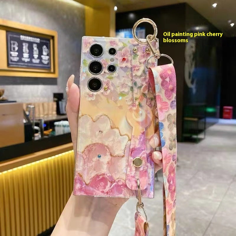 Blue Light Rhinestone Oil Painting Flower Wristband iPhone Case