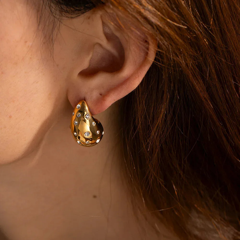 18K Gold-plated Stainless Steel Inlaid Zircon Chubby Stud Earrings INS - Viexta