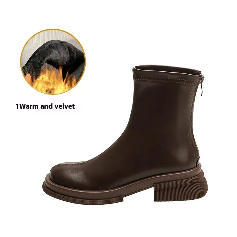 British Round Toe Solid Color Short Boots - Viexta