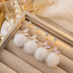 Long Butterfly Fur Ball Tassel Earrings - Viexta