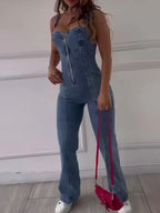 Sleeveless Paneled Zipper Denim Jumpsuit - Viexta