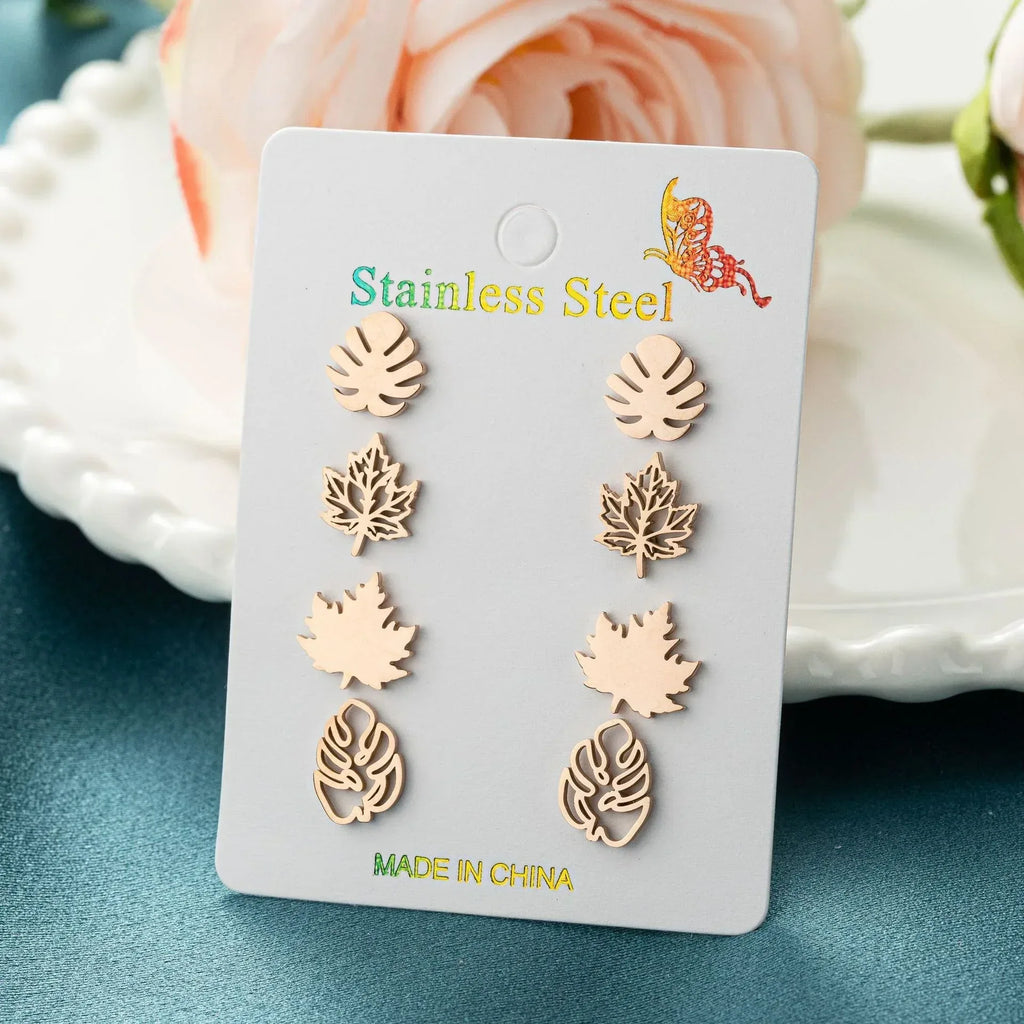 Gold Plated Stainless Steel Maple Leaf Stud Earrings Combo - Viexta