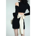 Design Off-Waist Knit Bow Short Dress - Viexta